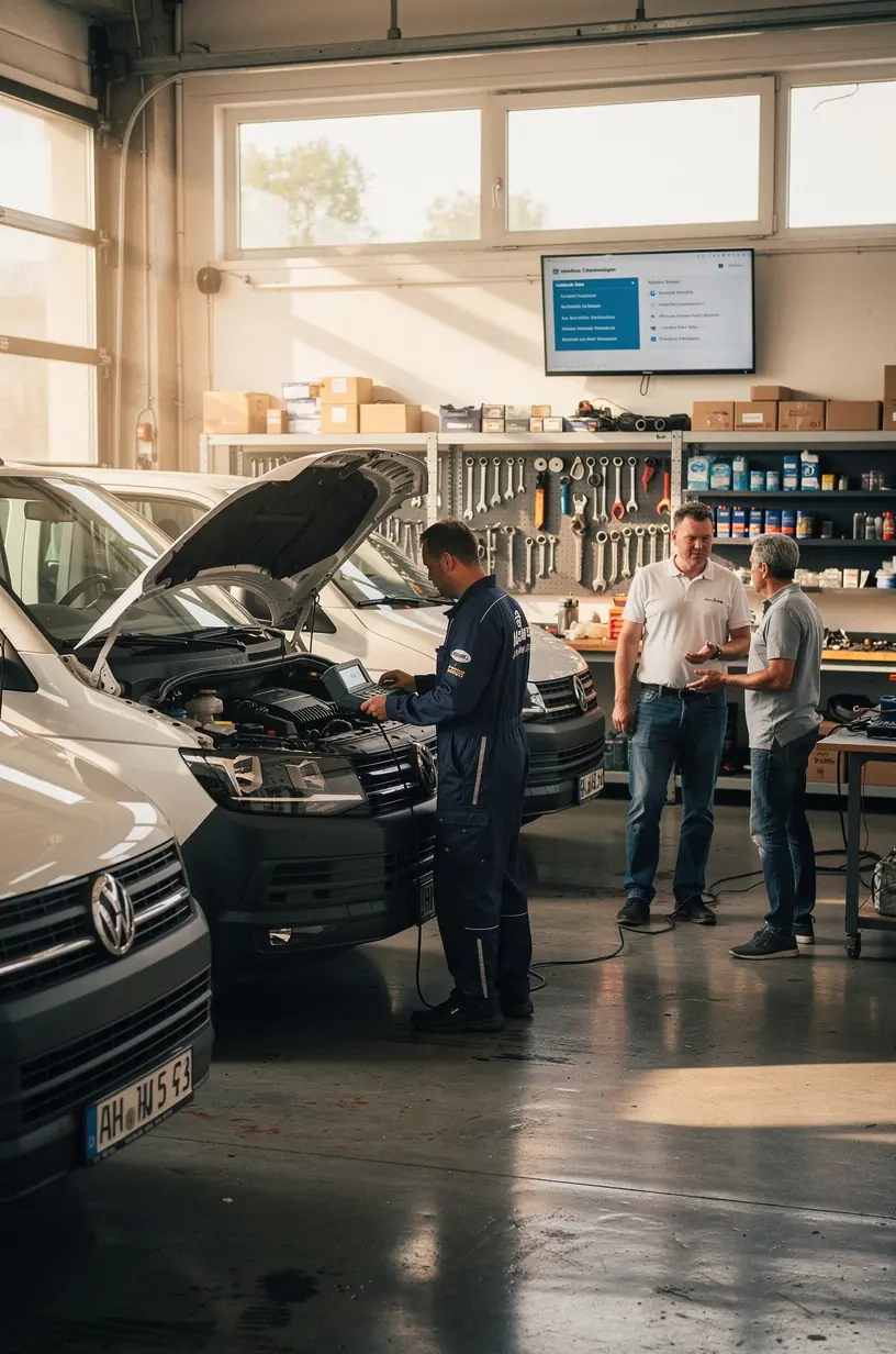 Serviceberater erklärt Kunden die Vorteile der geplanten Fahrzeugwartung